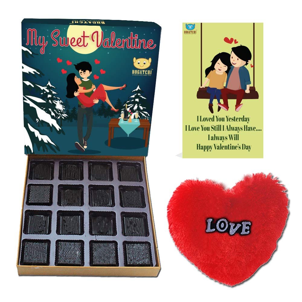 BOGATCHI Chocolates Valentine Day Gift for Wife, Valentine Chocolate Box, 16pcs + Free V-Day Card + Free Fur Heart