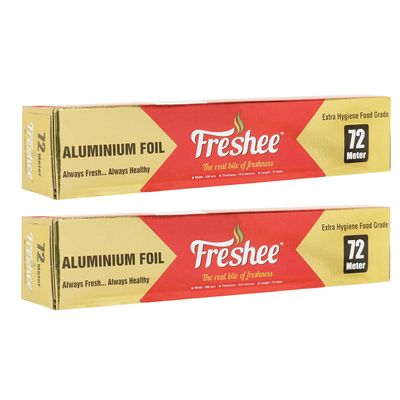 Freshee 72mtr Disposable Aluminium Silver Kitchen Foil Roll, Pack of 2, 11 Micron Thick Food wrap Silver Foil Roll