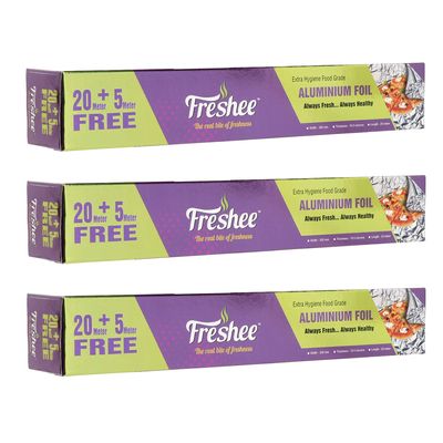 Freshee 25m Aluminium Silver Kitchen Foil Roll Paper Pack of 3|11 Micron Thick|Food wrap|Disposable Food Parcel|Fresh Food