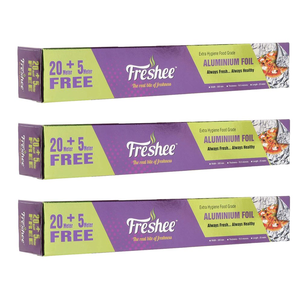 Freshee 25m Aluminium Silver Kitchen Foil Roll Paper Pack of 3|11 Micron Thick|Food wrap|Disposable Food Parcel|Fresh Food