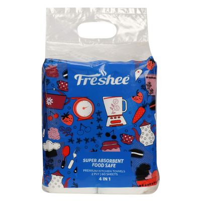 Freshee 60 Sheet 4 In 1 Kitchen Towel Tissue Paper, Hygienic Fresh Environment Friendly Water Dissolvable Disposable Dry Tissue Roll Made With 100% Virgin Fibre