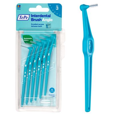 Tepe Interdental Brush Angle, Angled Dental Brush For Teeth Cleaning, Pack Of 6, 0.6 Mm, Medium Gaps, Blue - Manual, Adult