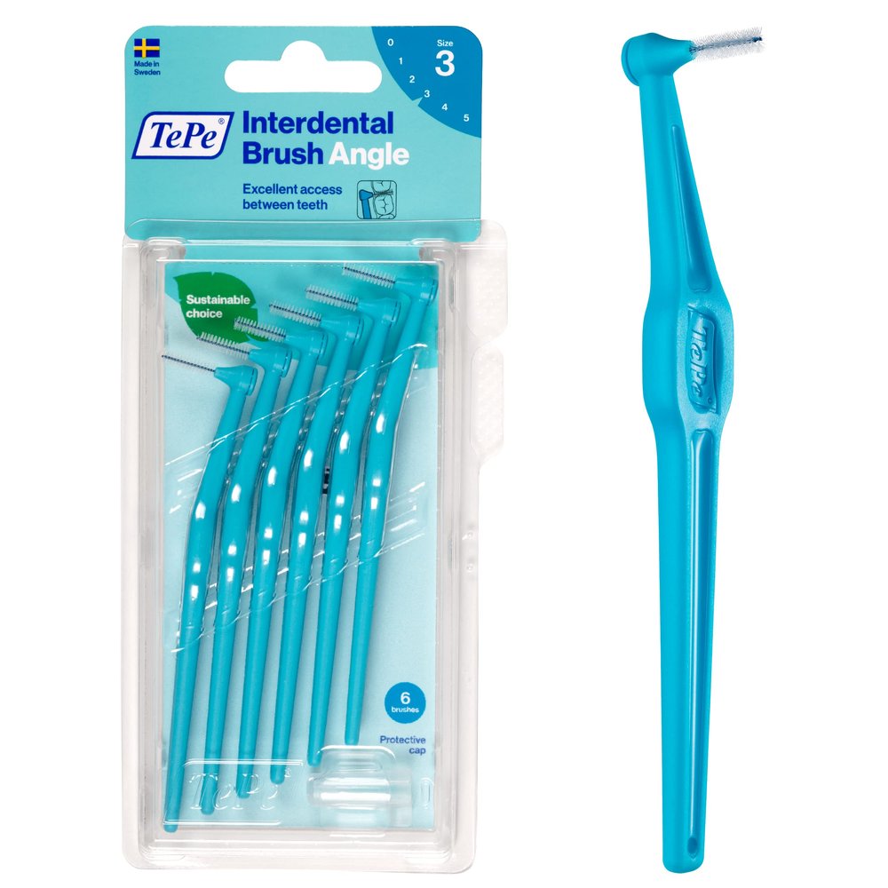 Tepe Interdental Brush Angle, Angled Dental Brush For Teeth Cleaning, Pack Of 6, 0.6 Mm, Medium Gaps, Blue - Manual, Adult