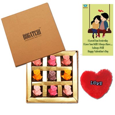 BOGATCHI Chocolates Valentine Day Gift for Girlfriend, Chocolate Roses, 9pcs + Free V-Day Card + Free Fur Heart