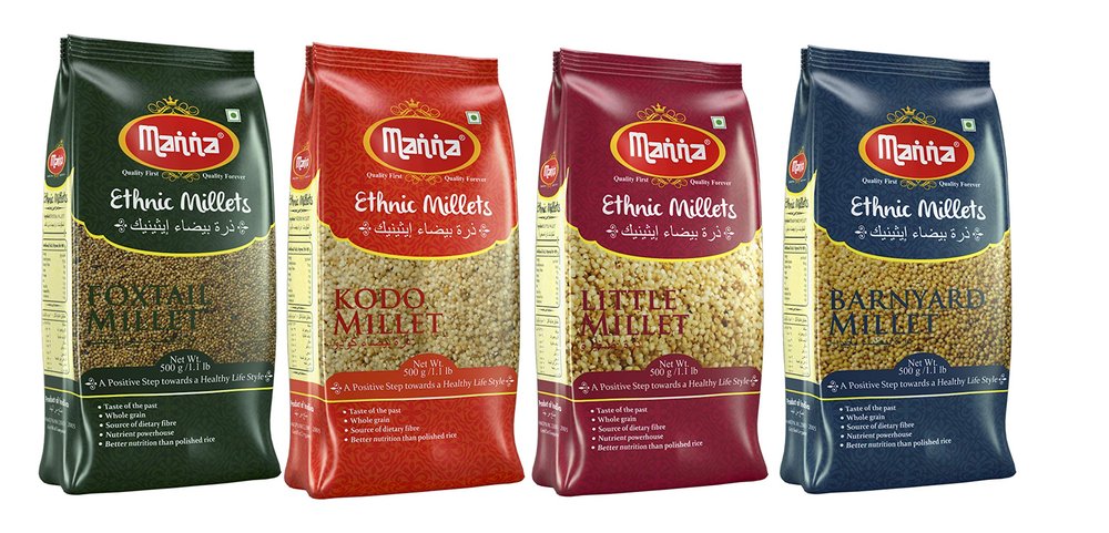 Manna Millets 2kg Whole Grains Combo Pack of 4, Foxtail, Kodo, Little,Barnyard. Certified low GI. Unpolished. Natural Grains, 500g (Pack of 4)