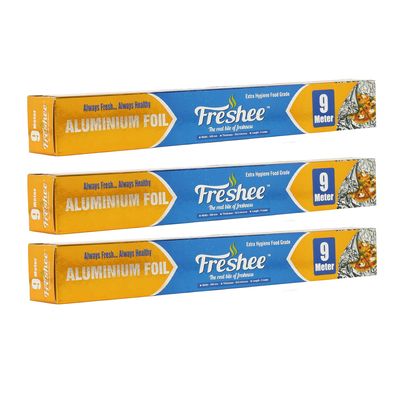 Freshee 9m Aluminium Silver Kitchen Foil Roll Paper Pack of 3|11 Micron Thick|Food wrap|Disposable Food Parcel|Fresh Food|Food Grade