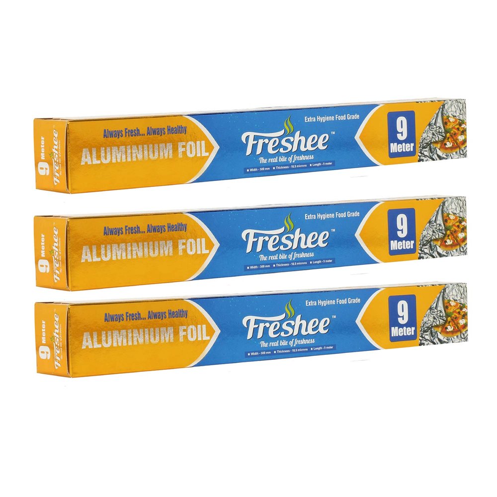 Freshee 9m Aluminium Silver Kitchen Foil Roll Paper Pack of 3|11 Micron Thick|Food wrap|Disposable Food Parcel|Fresh Food|Food Grade