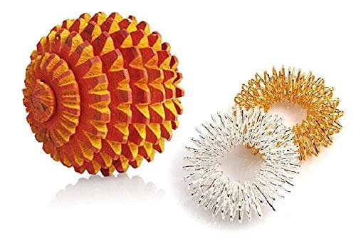 accupressure wooden ball hand roller palm massager tools for body stress + sujok ring (Ball+ ring)