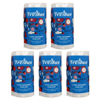 Freshee 60 Sheet Kitchen Towel Tissue Paper Pack Of 5, Hygienic Fresh Environment Friendly Water Dissolvable Disposable Dry Tissue Roll Made With 100% Virgin Fibre