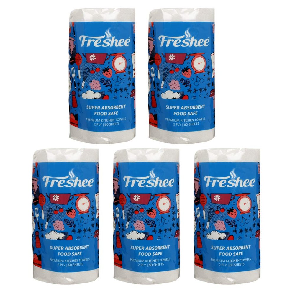 Freshee 60 Sheet Kitchen Towel Tissue Paper Pack Of 5, Hygienic Fresh Environment Friendly Water Dissolvable Disposable Dry Tissue Roll Made With 100% Virgin Fibre