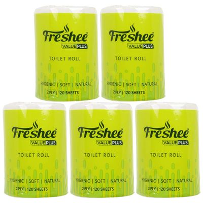 Freshee 50Gm Tissue Roll 2 Ply Pack Of 5 Tissue Paper With 120 Sheets Each, Hygience And Fresh Tissue Made With 100% Virgin Fibre, Value Plus Range Of Disposable Tissue