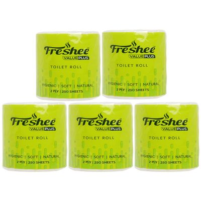 Freshee 100Gm Tissue Roll 2 Ply Pack Of 5 Tissue Paper With 250 Sheets Each, Hygience And Fresh Tissue Made With 100% Virgin Fibre, Value Plus Range Of Disposable Tissue