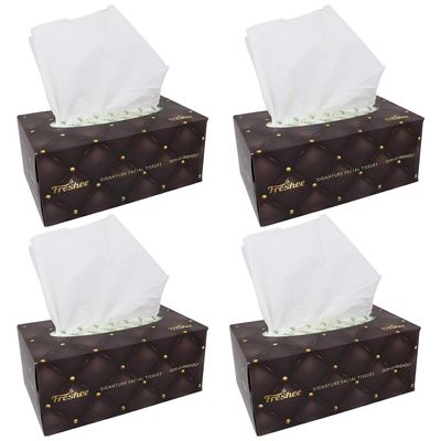 Freshee 100 Pulls 2 Ply Signature Car Facial Tissue Paper Box Pack Of 4, Bacteria Resistant, Hygienic Fresh Skin Friendly Water Dissolvable Disposable Dry Tissue Made With 100% Virgin Fibre