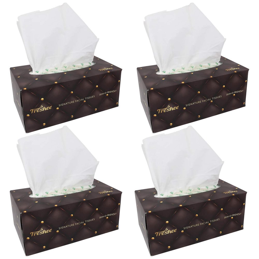 Freshee 100 Pulls 2 Ply Signature Car Facial Tissue Paper Box Pack Of 4, Bacteria Resistant, Hygienic Fresh Skin Friendly Water Dissolvable Disposable Dry Tissue Made With 100% Virgin Fibre