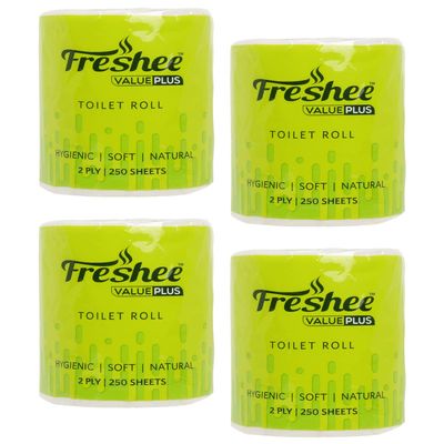 Freshee 100Gm Tissue Roll 2 Ply Pack Of 4 Tissue Paper With 250 Sheets Each, Hygience And Fresh Tissue Made With 100% Virgin Fibre, Value Plus Range Of Disposable Tissue