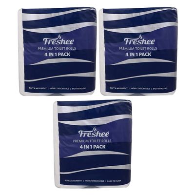 Freshee 4 In 1 Toilet Tissue Roll 3 Ply Pack Of 3 Tissue Paper, Hygience And Fresh Tissue Made With 100% Virgin Fibre, Skin Friendly Disposable Tissue