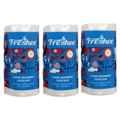 Freshee 60 Sheet Kitchen Towel Tissue Paper Pack Of 3, Hygienic Fresh Environment Friendly Water Dissolvable Disposable Dry Tissue Roll Made With 100% Virgin Fibre