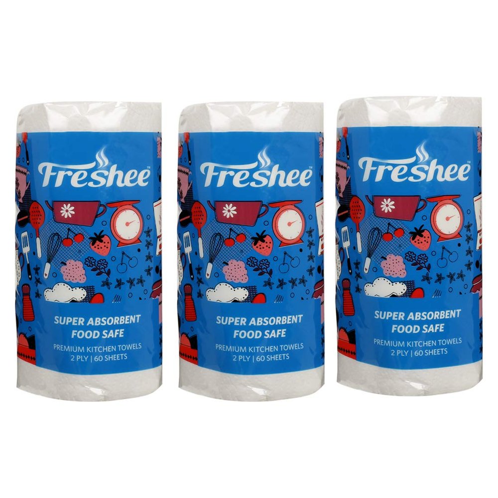 Freshee 60 Sheet Kitchen Towel Tissue Paper Pack Of 3, Hygienic Fresh Environment Friendly Water Dissolvable Disposable Dry Tissue Roll Made With 100% Virgin Fibre