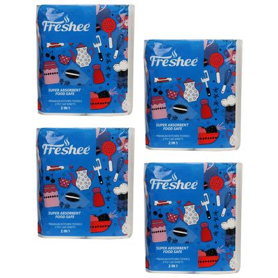 Freshee 60 Sheet 2 In 1 Kitchen Towel Tissue Paper Pack Of 4, Hygienic Fresh Environment Friendly Water Dissolvable Disposable Dry Tissue Roll Made With 100% Virgin Fibre