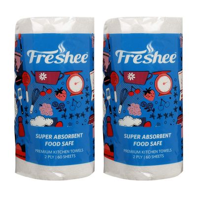 Freshee 60 Sheet Kitchen Towel Tissue Paper Pack Of 2, Hygienic Fresh Environment Friendly Water Dissolvable Disposable Dry Tissue Roll Made With 100% Virgin Fibre