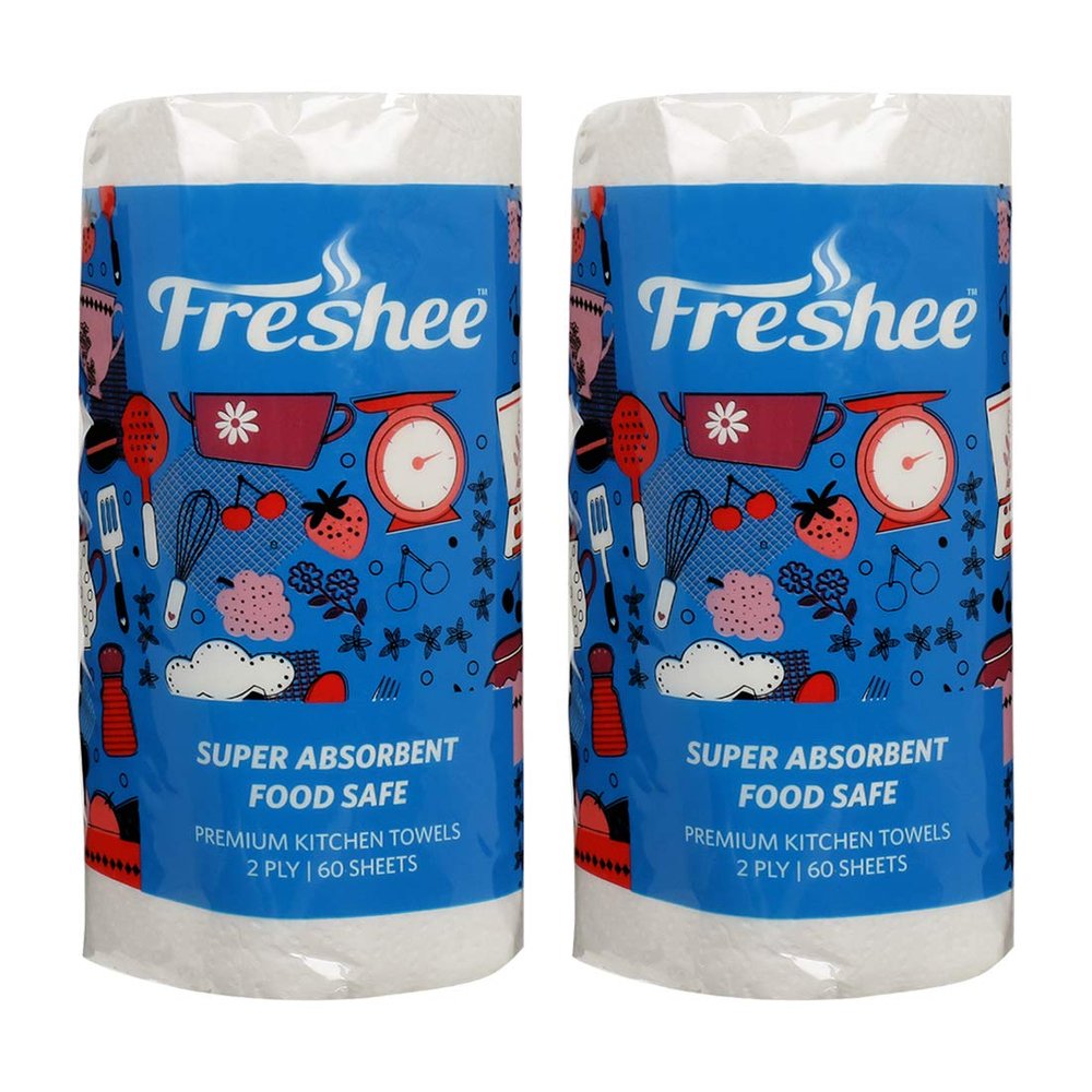 Freshee 60 Sheet Kitchen Towel Tissue Paper Pack Of 2, Hygienic Fresh Environment Friendly Water Dissolvable Disposable Dry Tissue Roll Made With 100% Virgin Fibre