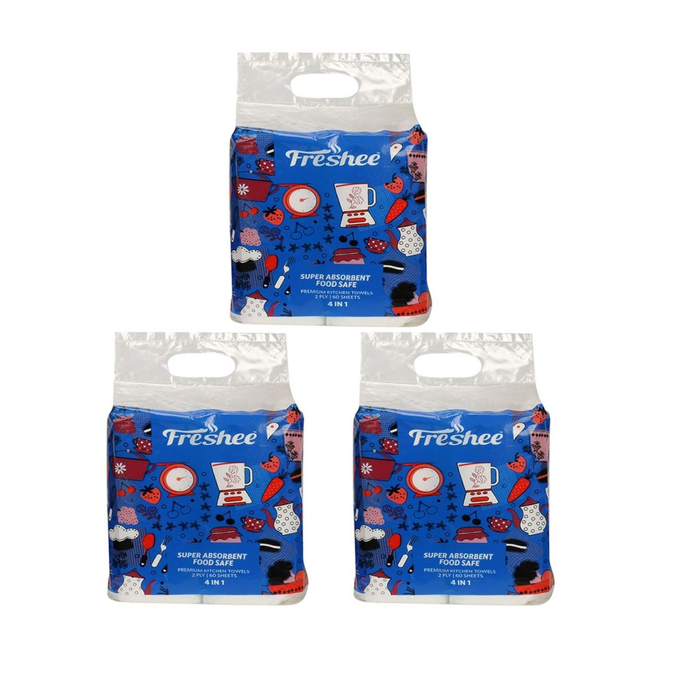 Freshee 60 Sheet 4 In 1 Kitchen Towel Tissue Paper Pack Of 3, Hygienic Fresh Environment Friendly Water Dissolvable Disposable Dry Tissue Roll Made With 100% Virgin Fibre