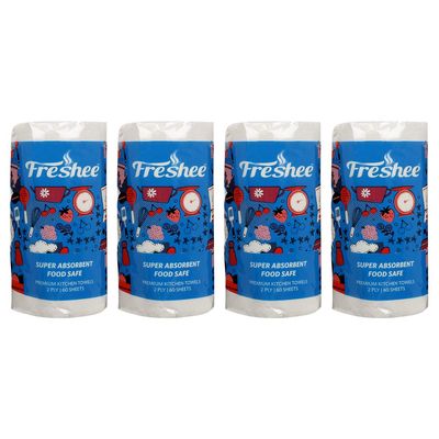 Freshee 60 Sheet Kitchen Towel Tissue Paper Pack Of 4, Hygienic Fresh Environment Friendly Water Dissolvable Disposable Dry Tissue Roll Made With 100% Virgin Fibre