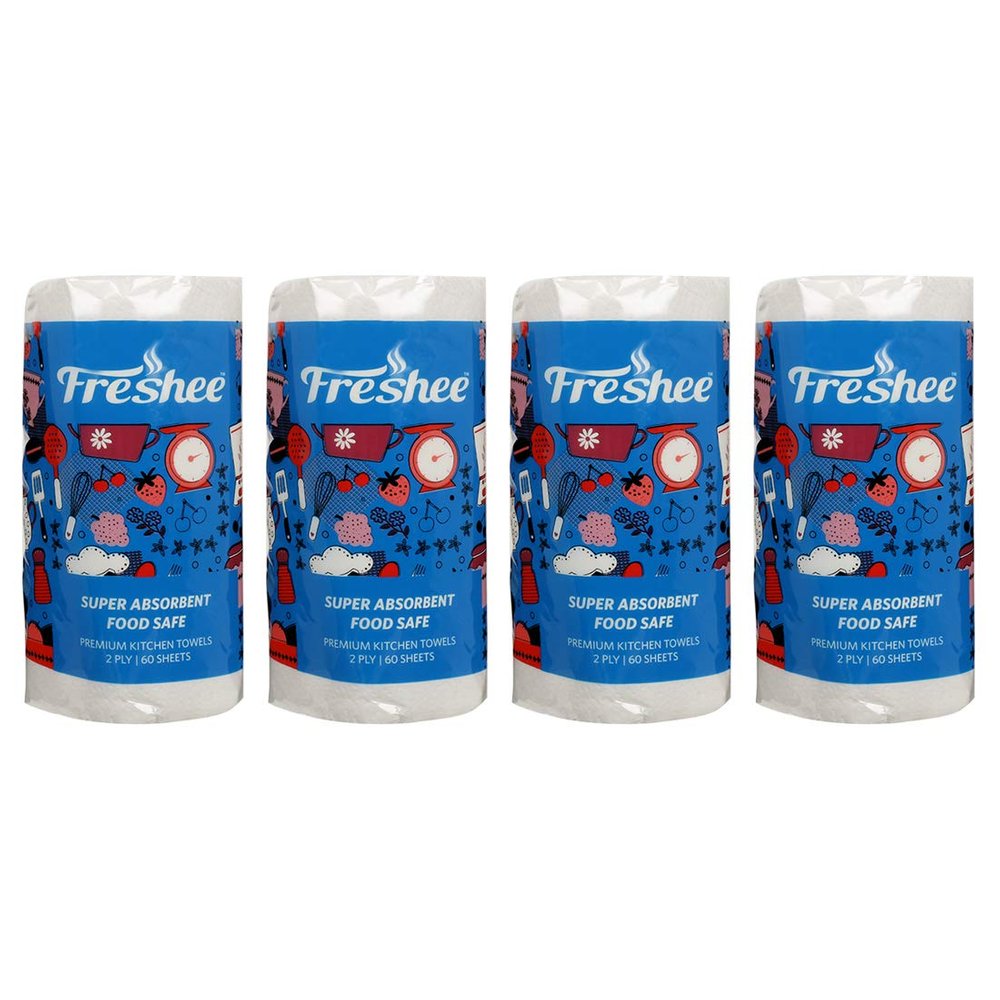 Freshee 60 Sheet Kitchen Towel Tissue Paper Pack Of 4, Hygienic Fresh Environment Friendly Water Dissolvable Disposable Dry Tissue Roll Made With 100% Virgin Fibre