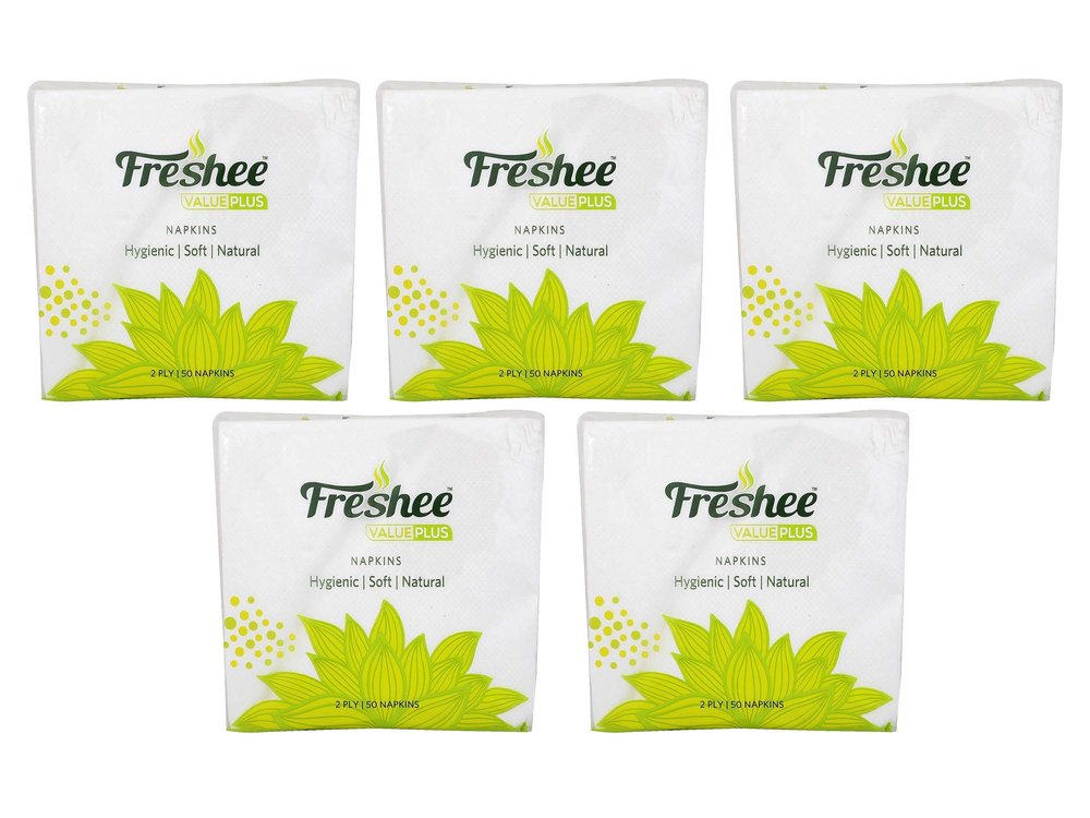 Freshee 50 Sheets 2 Ply Pack Of 5 Tissue Paper, Hygience And Fresh Tissue Made With 100% Virgin Fibre, Value Plus Range Of Disposable Tissue