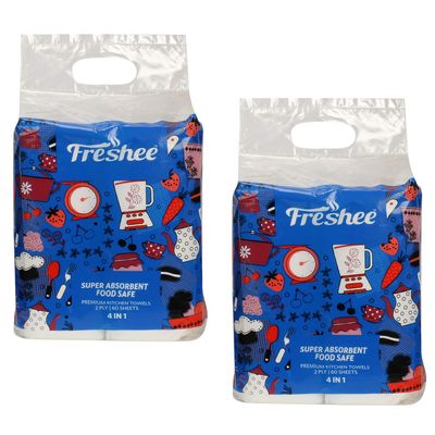 Freshee 60 Sheet 4 In 1 Kitchen Towel Tissue Paper Pack Of 2, Hygienic Fresh Environment Friendly Water Dissolvable Disposable Dry Tissue Roll Made With 100% Virgin Fibre