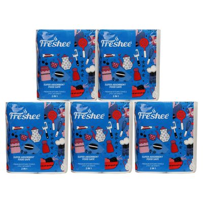 Freshee 60 Sheet 2 In 1 Kitchen Towel Tissue Paper Pack Of 5, Hygienic Fresh Environment Friendly Water Dissolvable Disposable Dry Tissue Roll Made With 100% Virgin Fibre