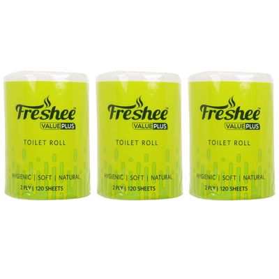 Freshee 50Gm Tissue Roll 2 Ply Pack Of 3 Tissue Paper With 120 Sheets Each, Hygience And Fresh Tissue Made With 100% Virgin Fibre, Value Plus Range Of Disposable Tissue