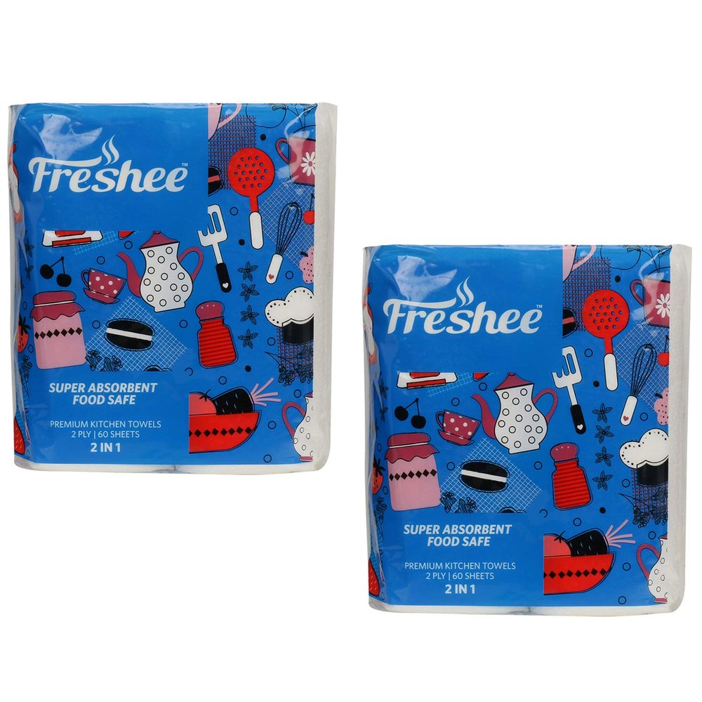 Freshee 60 Sheet 2 In 1 Kitchen Towel Tissue Paper Pack Of 2, Hygienic Fresh Environment Friendly Water Dissolvable Disposable Dry Tissue Roll Made With 100% Virgin Fibre