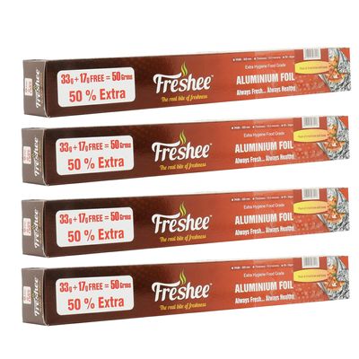 Freshee 50gm Aluminium Silver Kitchen Foil Roll Paper Pack of 4|11 Micron Thick|Food wrap|Disposable Food Parcel|Fresh Food|Food Grade