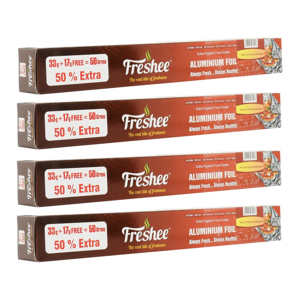 Freshee 50gm Aluminium Silver Kitchen Foil Roll Paper Pack of 4|11 Micron Thick|Food wrap|Disposable Food Parcel|Fresh Food|Food Grade