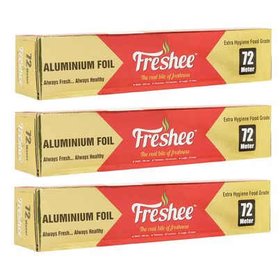 Freshee 72m Aluminium Silver Kitchen Foil Roll Paper Pack of 3, 11 Micron Thick Food wrap Disposable Food Parcel Fresh Food