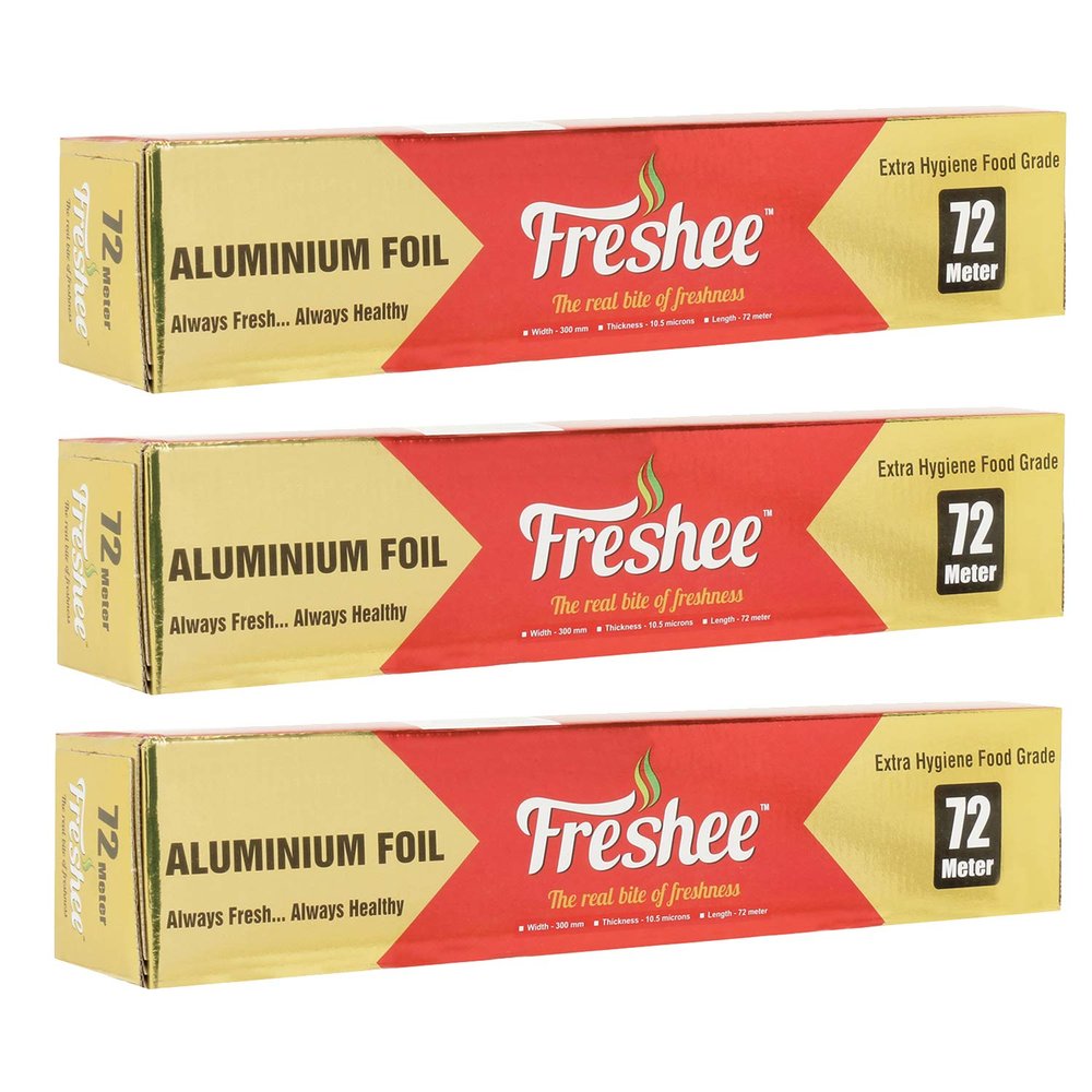 Freshee 72m Aluminium Silver Kitchen Foil Roll Paper Pack of 3, 11 Micron Thick Food wrap Disposable Food Parcel Fresh Food