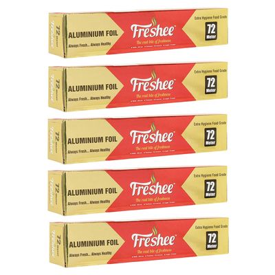 Freshee 72m Aluminium Silver Kitchen Foil Roll Paper Pack of 5|11 Micron Thick|Food wrap|Disposable Food Parcel|Fresh Food