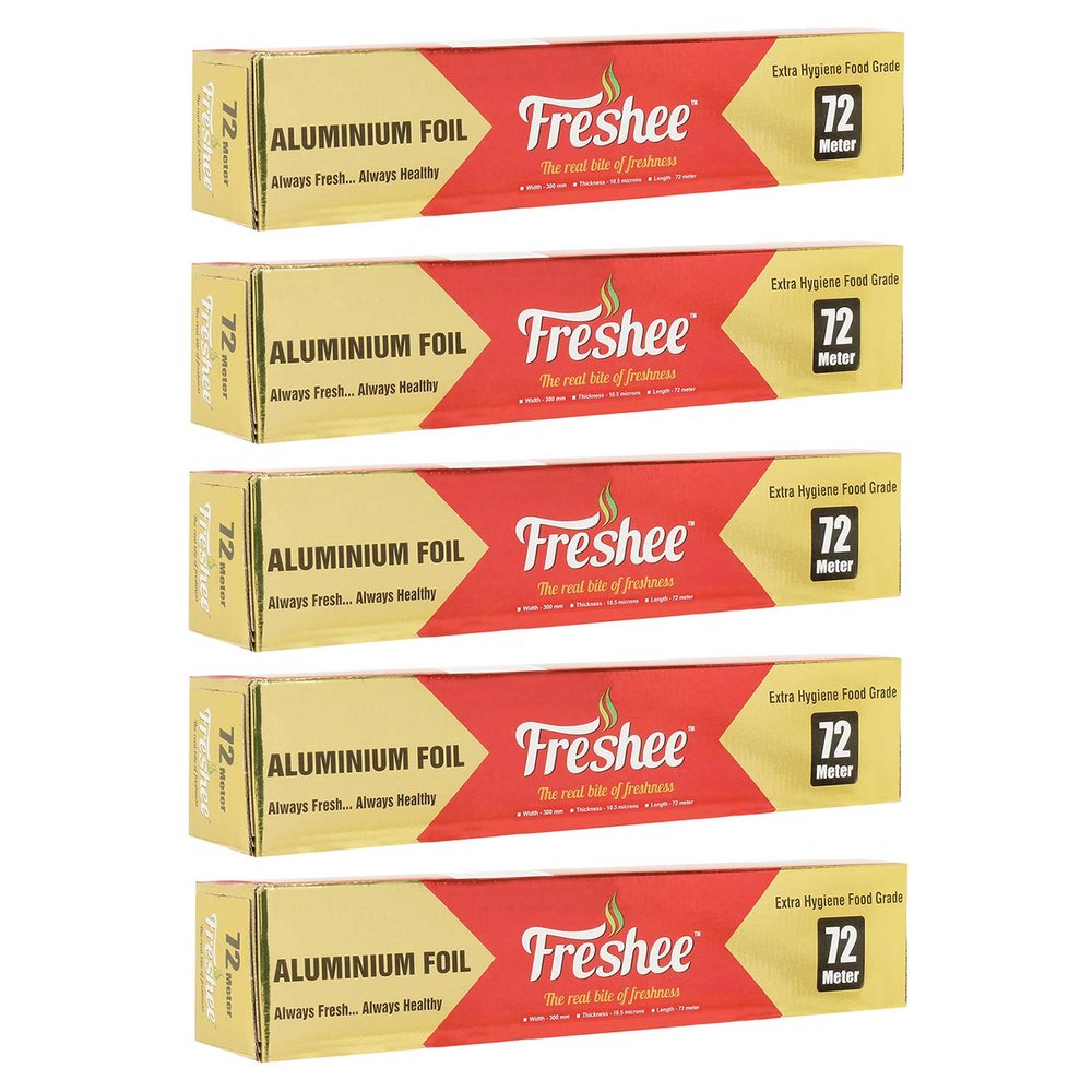 Freshee 72m Aluminium Silver Kitchen Foil Roll Paper Pack of 5|11 Micron Thick|Food wrap|Disposable Food Parcel|Fresh Food