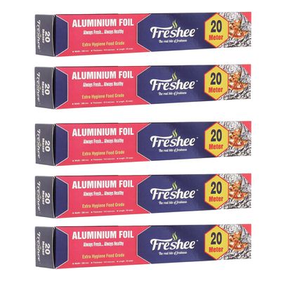 Freshee 20m Aluminium Silver Kitchen Foil Roll Paper Pack of 5|11 Micron Thick|Food wrap|Disposable Food Parcel|Fresh Food