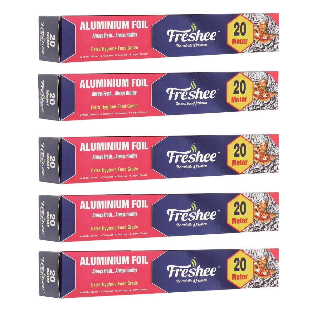 Freshee 20m Aluminium Silver Kitchen Foil Roll Paper Pack of 5|11 Micron Thick|Food wrap|Disposable Food Parcel|Fresh Food