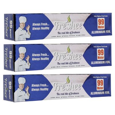 Freshee 99m Aluminium Silver Kitchen Foil Roll Paper Pack 3|11 Micron Thick|Food wrap|Disposable Food Parcel|Fresh Food|Food Grade