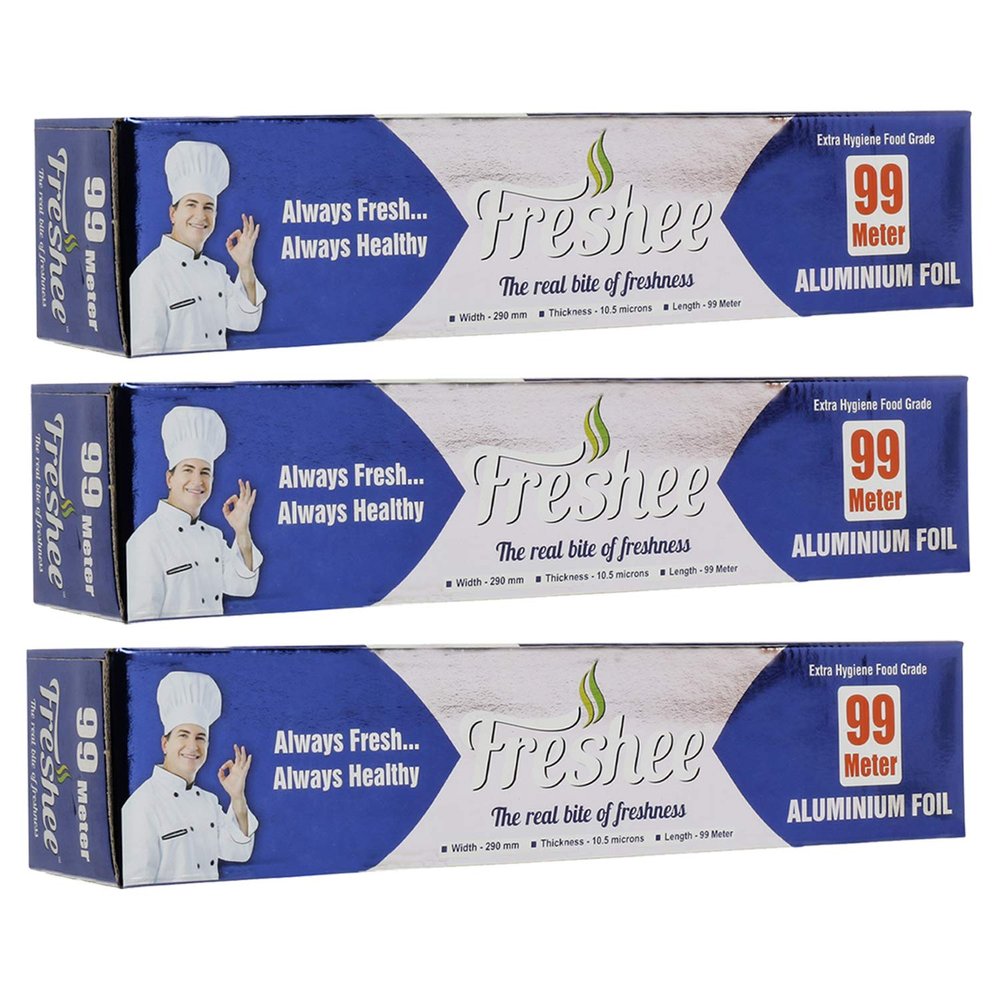 Freshee 99m Aluminium Silver Kitchen Foil Roll Paper Pack 3|11 Micron Thick|Food wrap|Disposable Food Parcel|Fresh Food|Food Grade