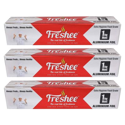 Freshee Silver Aluminium Foil 1 Kg Net Heavy Duty 18 Micron Silver Foil Roll for Food Packing Baking Serving - Pack of 3