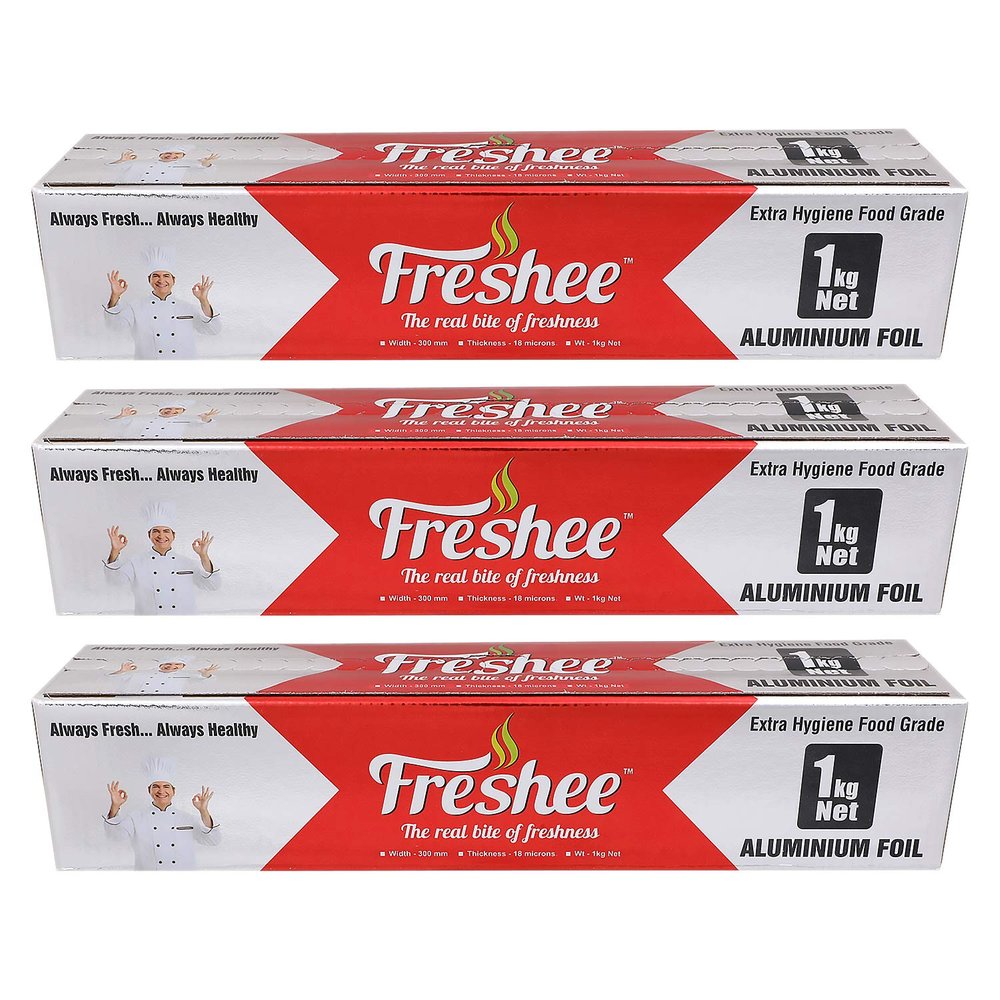 Freshee Silver Aluminium Foil 1 Kg Net Heavy Duty 18 Micron Silver Foil Roll for Food Packing Baking Serving - Pack of 3