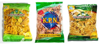 Thangapandiyan Thoothukudi Special Mixture 250gm + TT Nendhram Chips 250g + Kovilpatti KPN Kadalai Mittai (Chikki Candy) 200gm