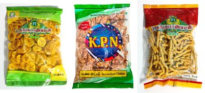 Thangapandiyan Thoothukudi Pepper Sev 250gm + TT Nendhram Chips 250g + Kovilpatti KPN Kadalai Mittai (Chikki Candy) 200gm