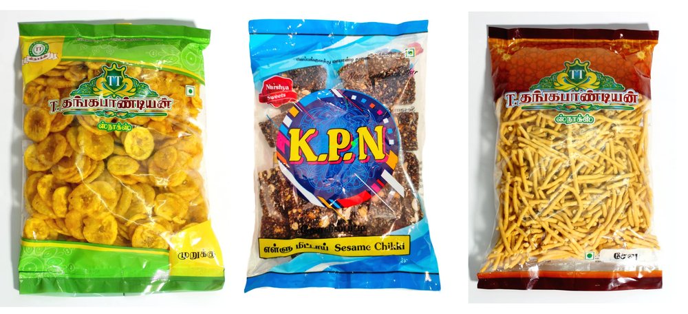 Thangapandiyan Thoothukudi Karasev 250g + TT Nendhram Chips 250g + Kovilpatti KPN Ellu Mittai (Sesame Chikki Candy) 200g - Pack of 3 (700gm)
