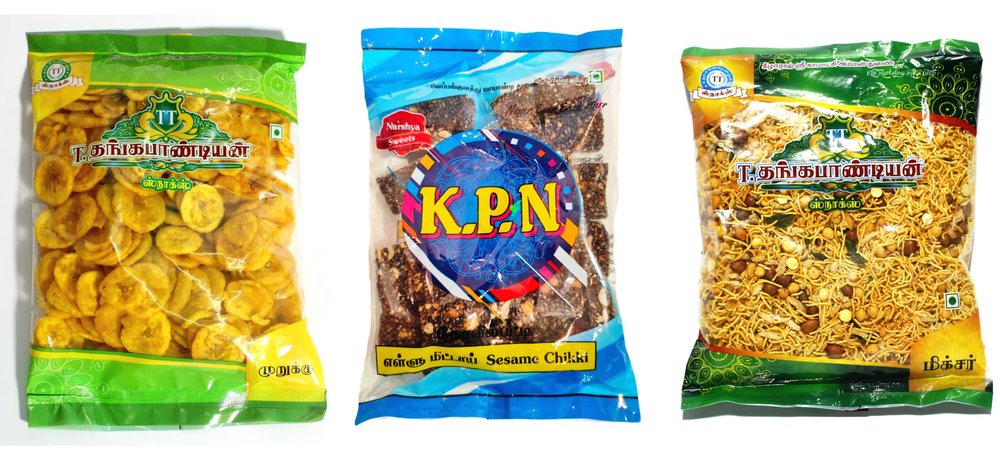 Thangapandiyan Thoothukudi Special Mixture250g + TT Nendhram Chips 250g + Kovilpatti KPN Ellu Mittai (Sesame Chikki Candy) 200g - Pack of 3 (700gm)