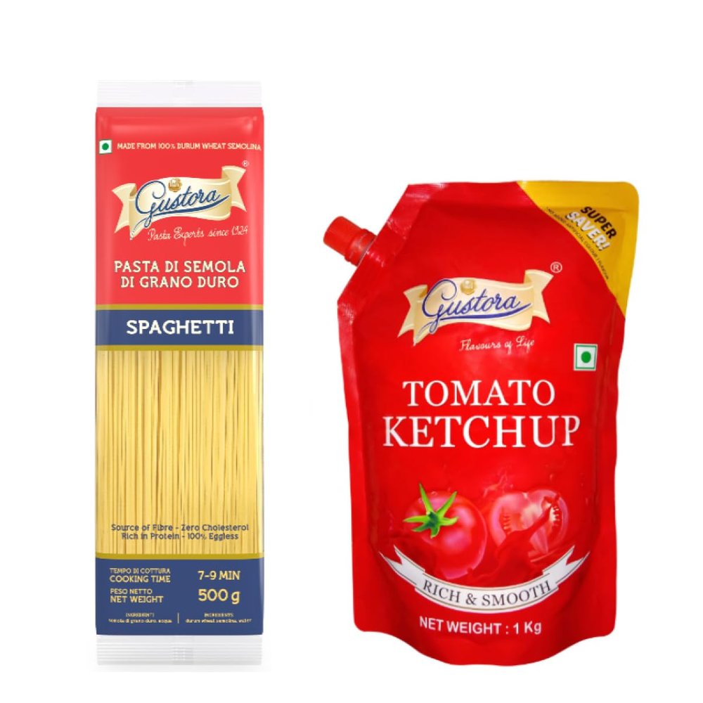 Gustora Combo Pack of Spaghetti 500g Pasta & Ketchup 1kgI Rich in protein and fibre Zero cholesterol and free from trans-fatI